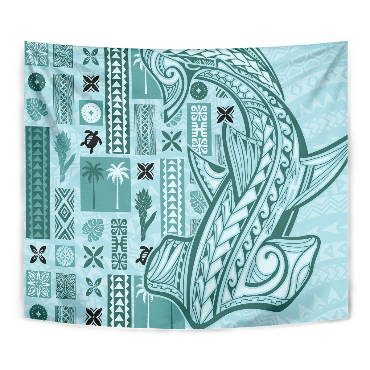 Teal tapa tapestry with dense patterned tiles and sweeping wave emblem