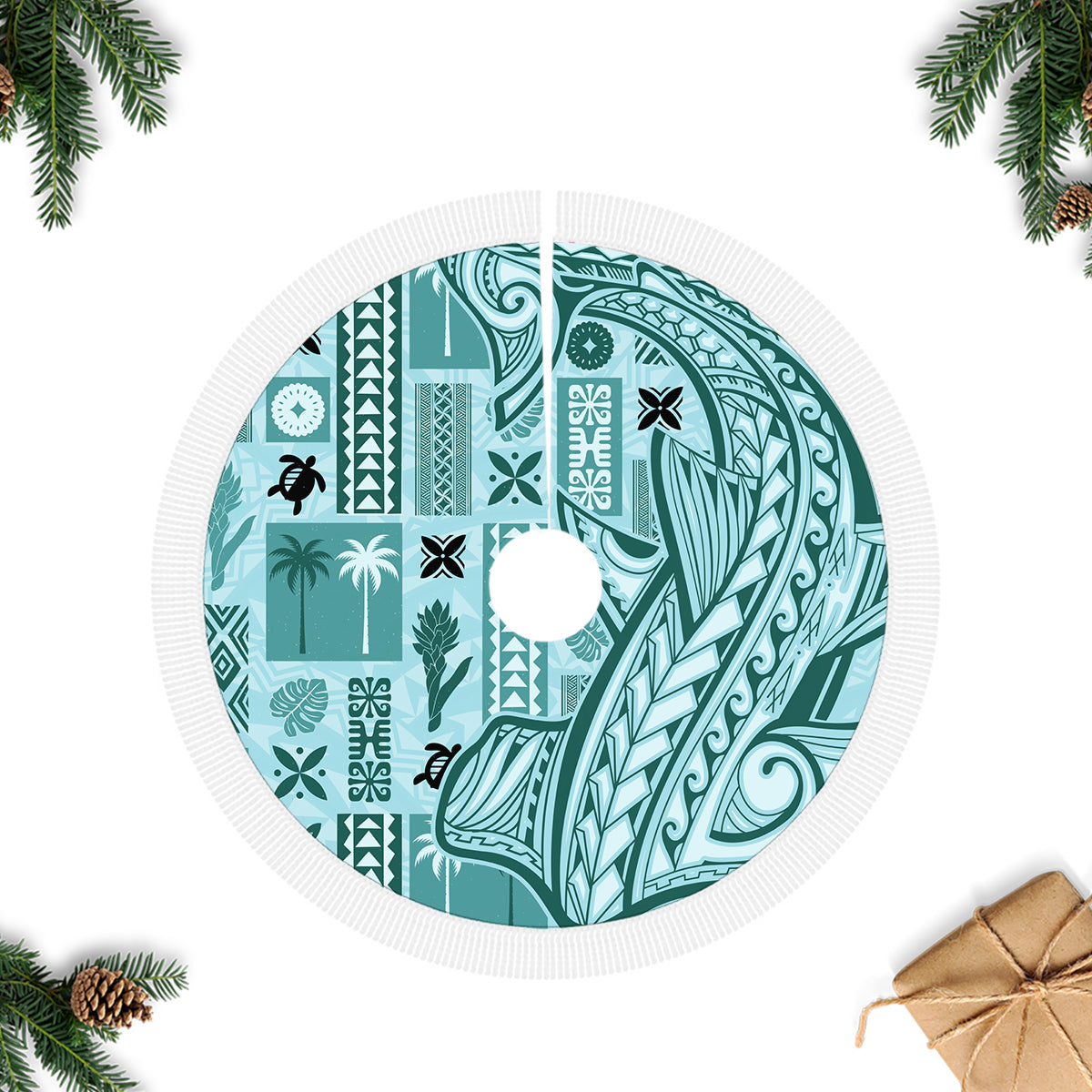 Teal patterned circular tree skirt with fringe border and central cutout