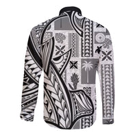 Long-sleeve button shirt with black collar, white/black tapa pattern on back