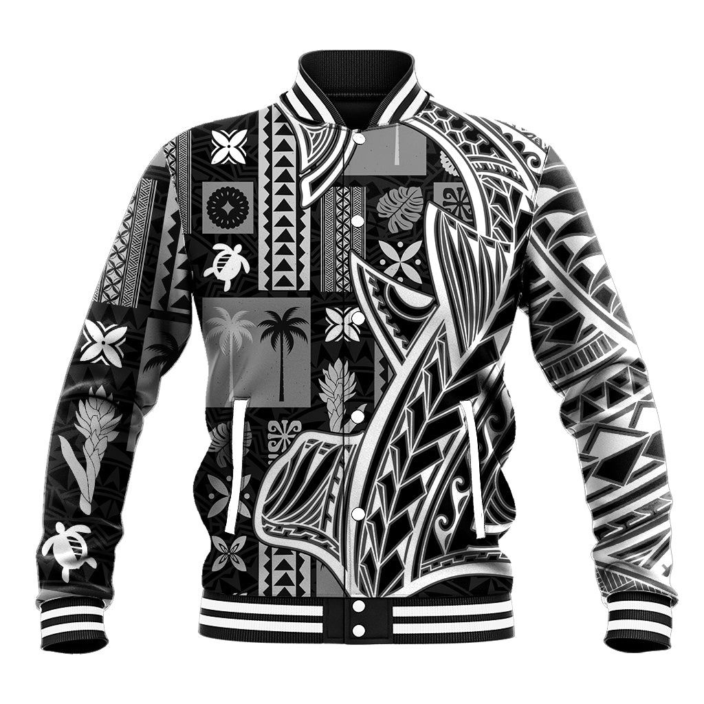 Black patterned baseball jacket with ribbed striped collar and cuffs, button-front