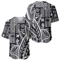 Black baseball jersey with white tribal patchwork pattern, scrolls, and tiki shapes