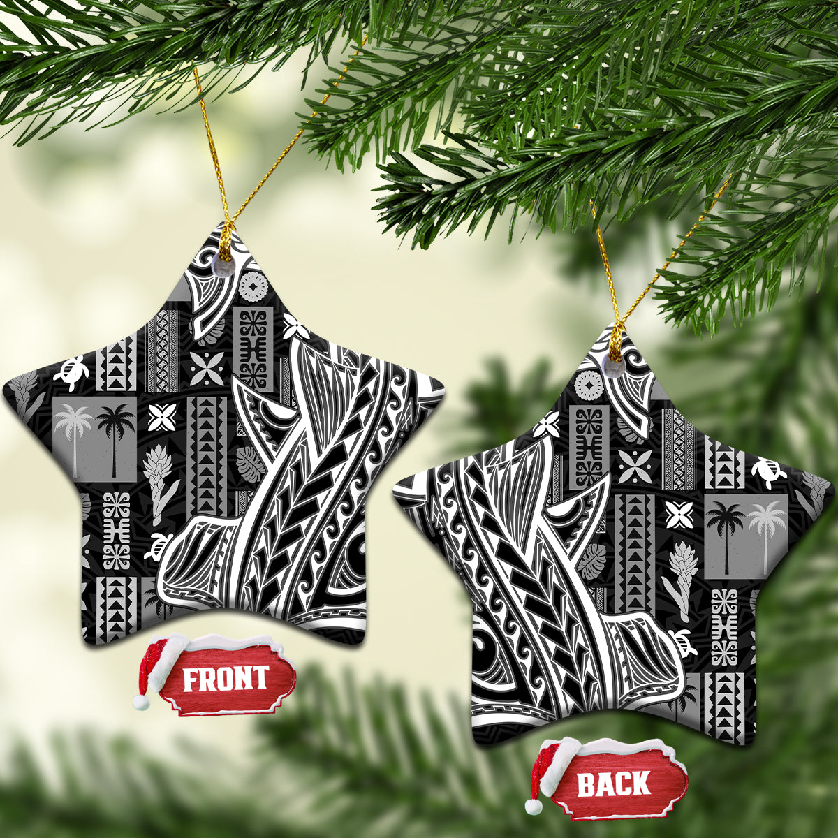 Star-shaped black and white tapa ceramic ornaments with gold hanging strings