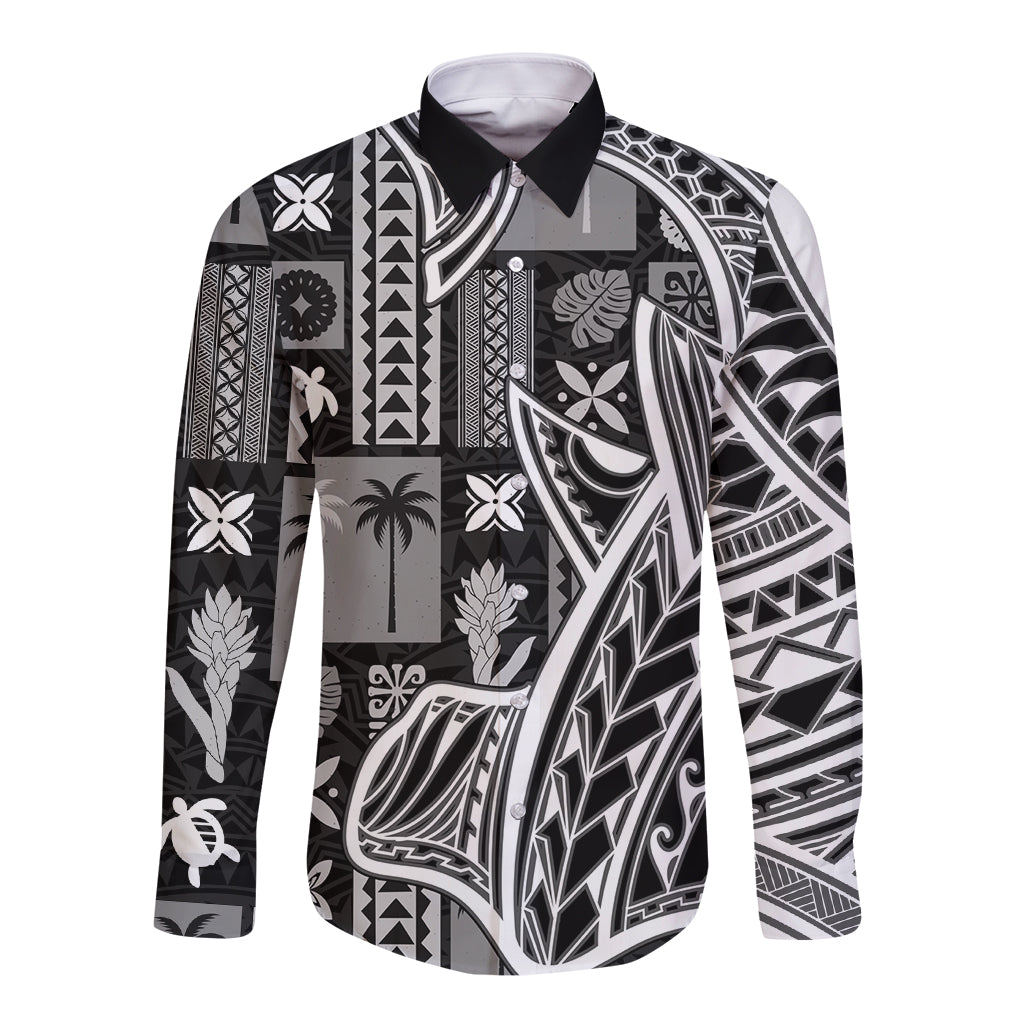Black long-sleeve button shirt with mixed tapa and tatau patterns