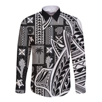 Black long-sleeve button shirt with mixed tapa and tatau patterns