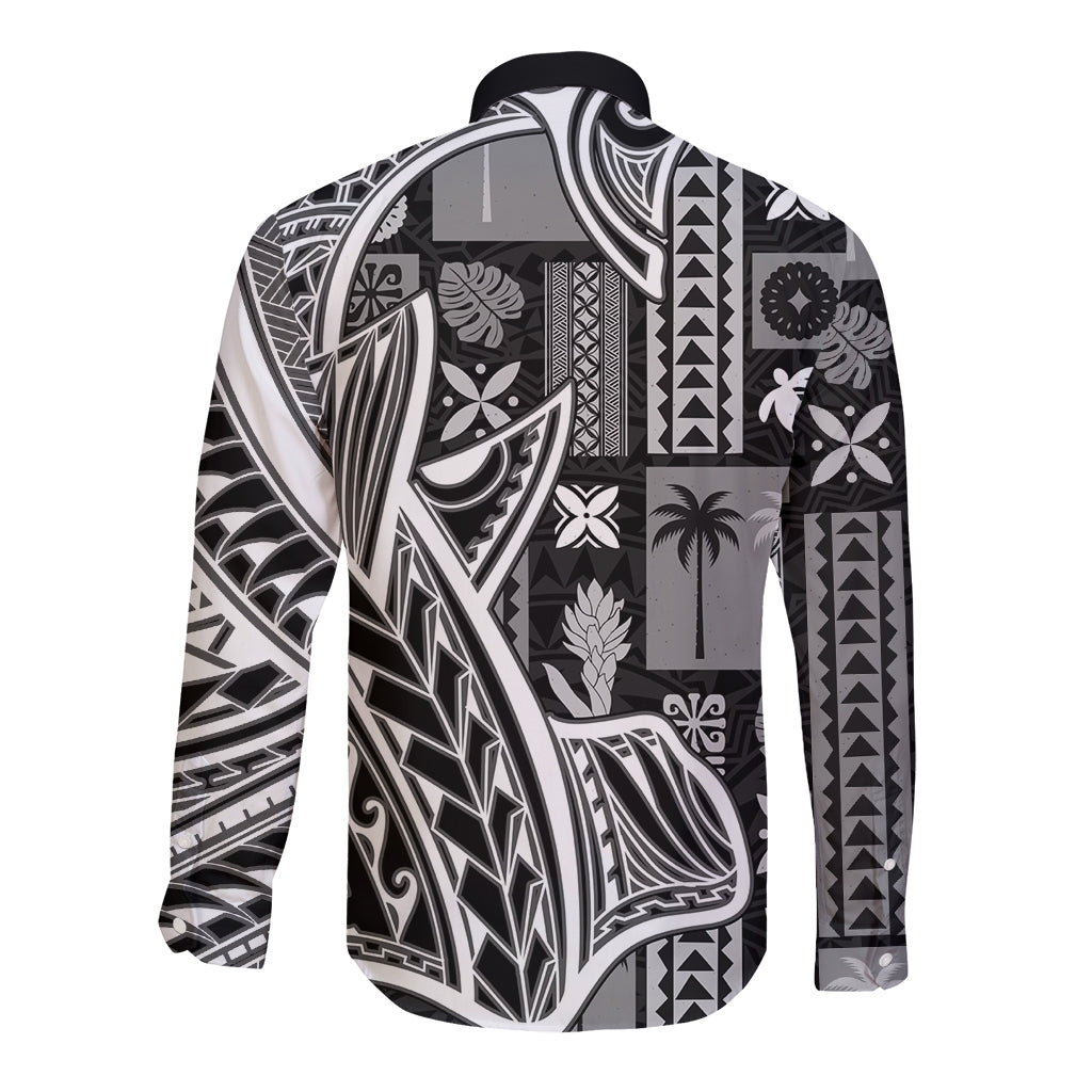 Black long-sleeve button shirt with mixed tapa and tatau back pattern