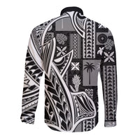 Black long-sleeve button shirt with mixed tapa and tatau back pattern