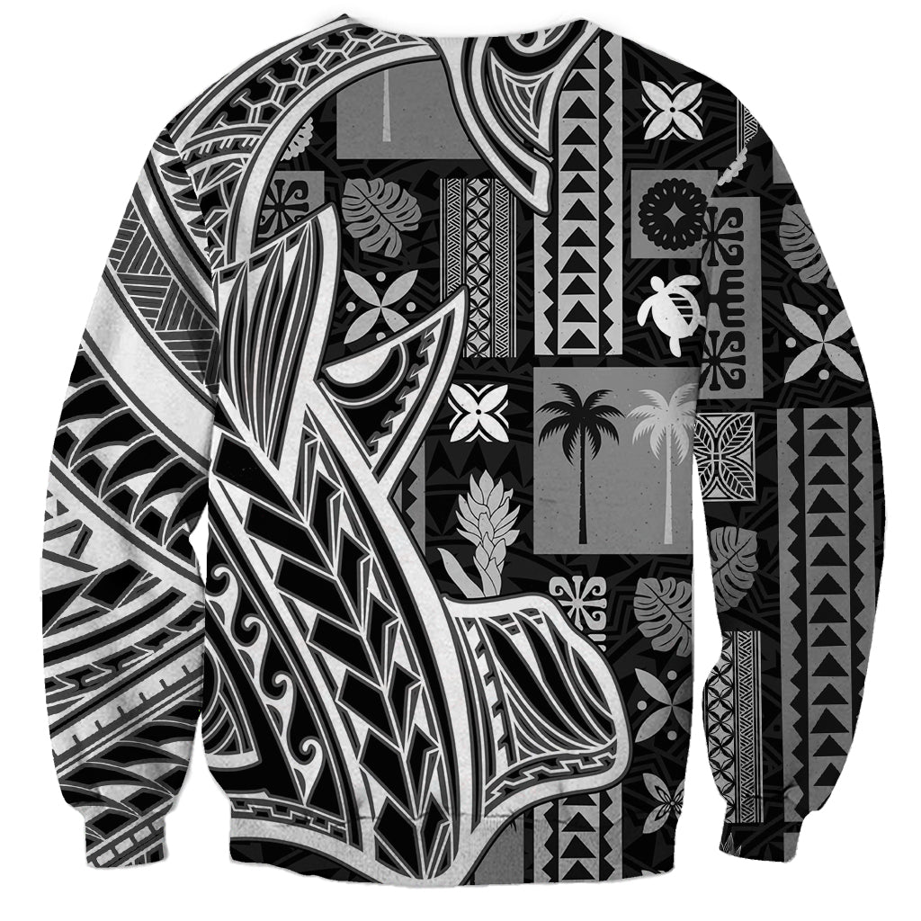 Black unisex sweatshirt with large monochrome tapa design panels and motifs