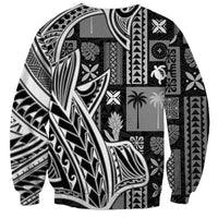 Black unisex sweatshirt with large monochrome tapa design panels and motifs