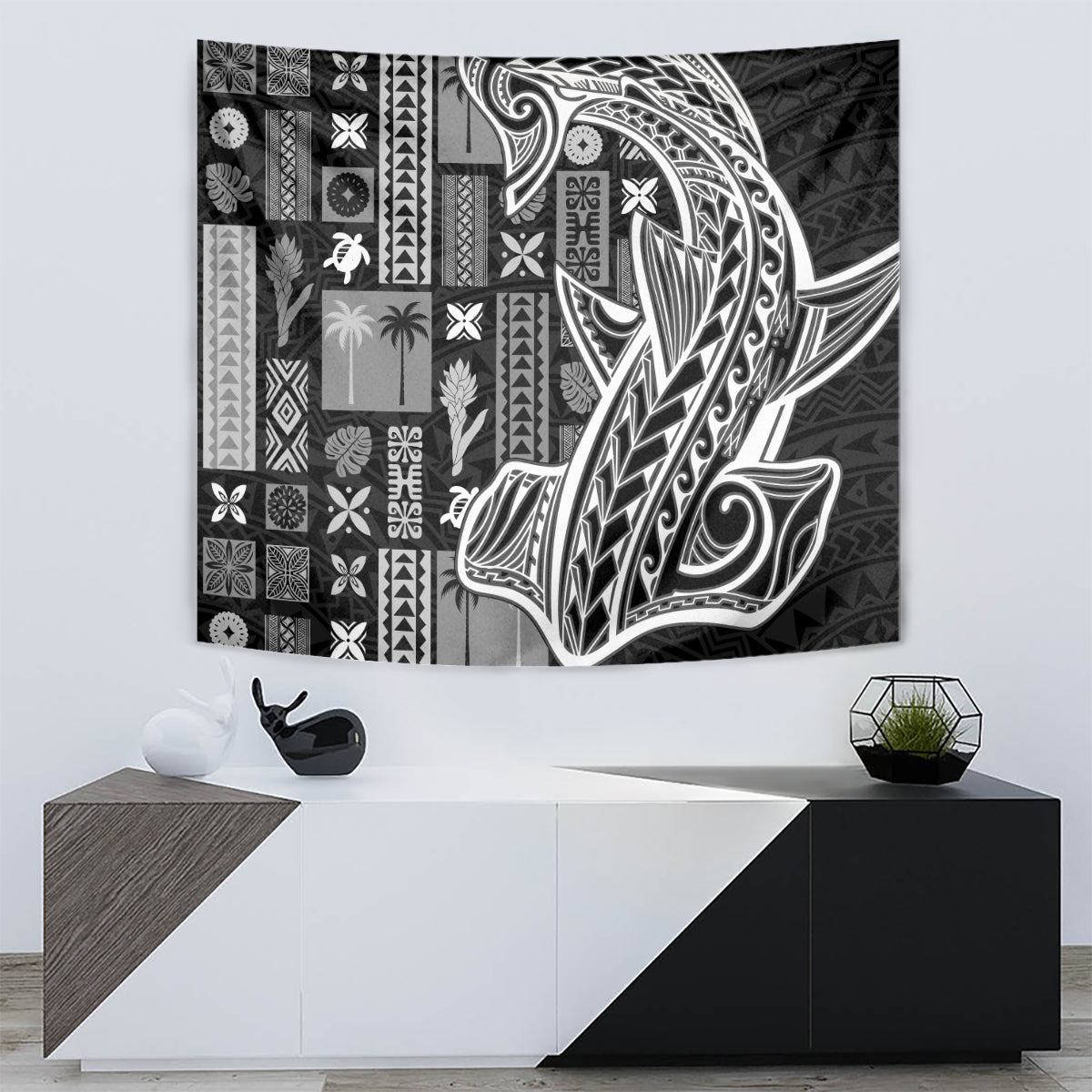 Black and white rectangular tapa pattern wall tapestry with large stylized figure.