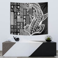 Black and white rectangular tapa pattern wall tapestry with large stylized figure.