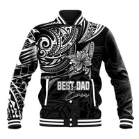 Unisex black polynesian baseball jacket with varsity collar, tribal print, 'Best Dad Ever'