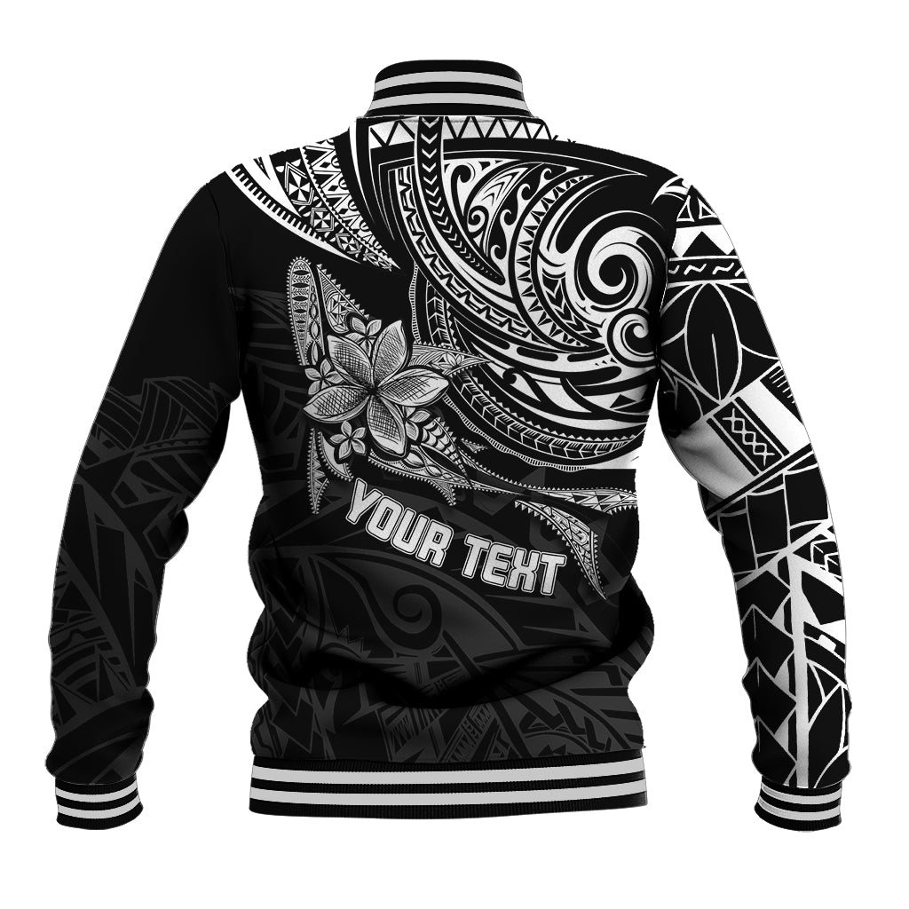 Unisex black polynesian baseball jacket, back tribal print, 'YOUR TEXT' and striped cuffs