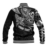 Unisex black polynesian baseball jacket, back tribal print, 'YOUR TEXT' and striped cuffs