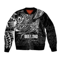 Black bomber jacket with Polynesian graphic, front zipper, ribbed cuffs, 'Best Dad ever'