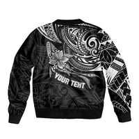 Black bomber jacket with Polynesian print, ribbed hem and cuffs, 'YOUR TEXT' on back