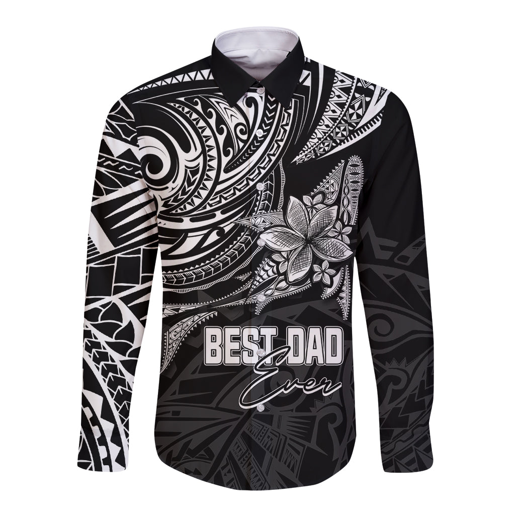 Black long-sleeve button shirt with white polynesian print and 'BEST DAD' text