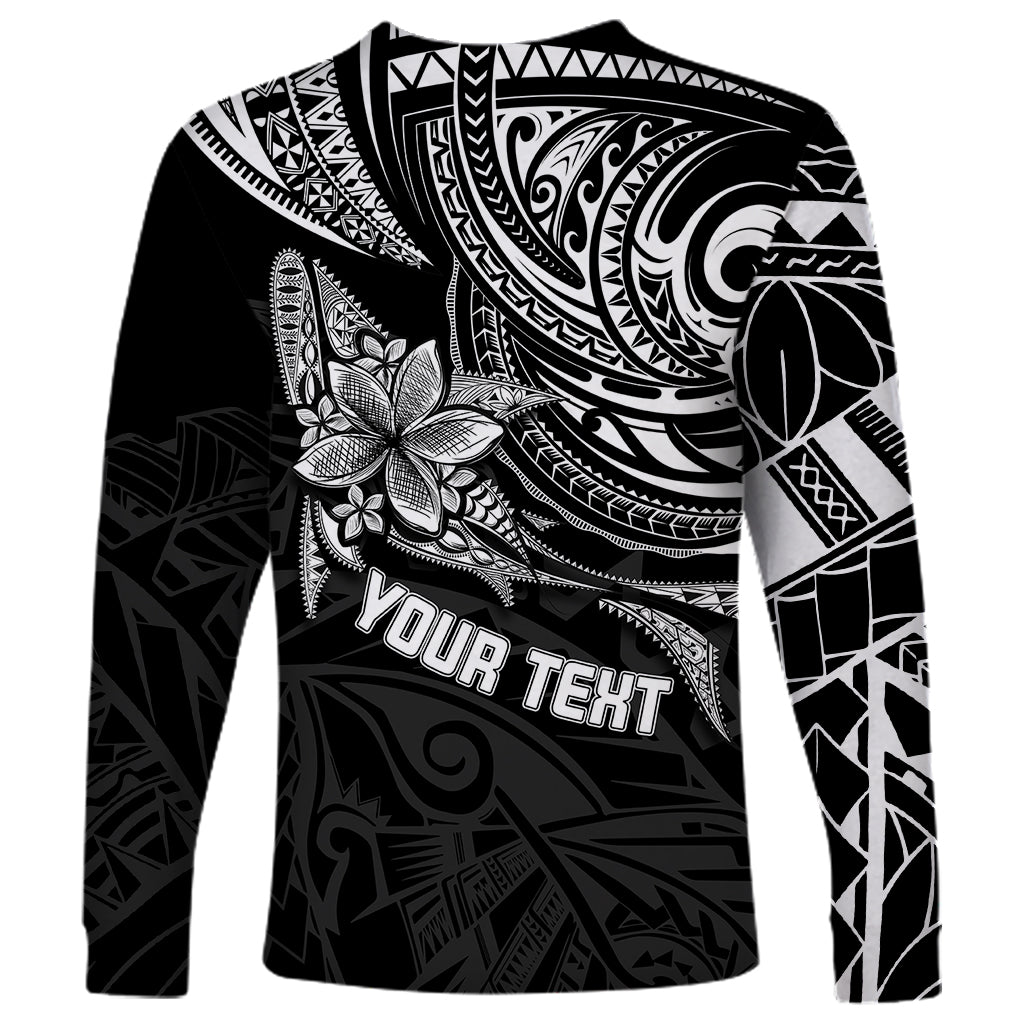 Black long-sleeve Polynesian shirt with tribal art and Your Text print