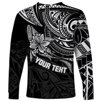 Black long-sleeve Polynesian shirt with tribal art and Your Text print