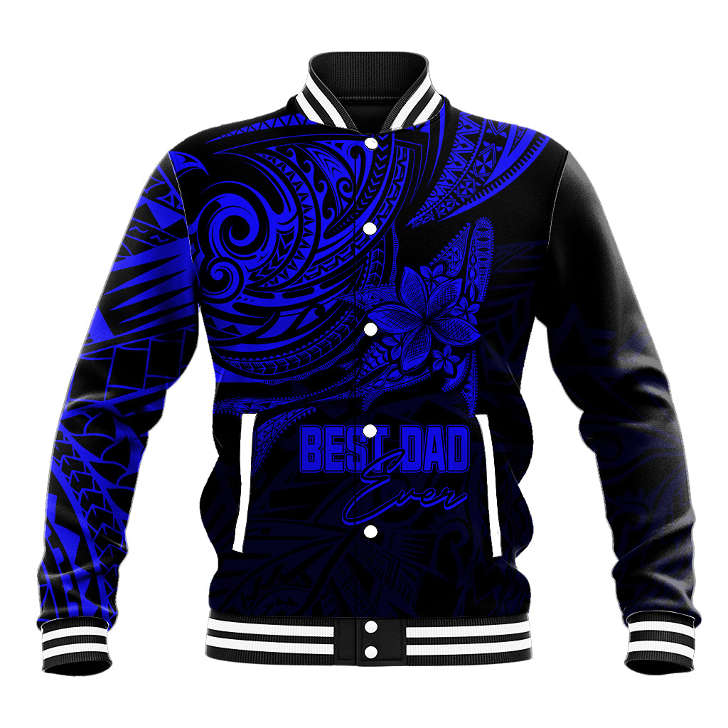 Blue Polynesian baseball jacket with black trim, ribbed collar, and 'Best Dad' print