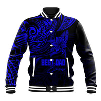 Blue Polynesian baseball jacket with black trim, ribbed collar, and 'Best Dad' print