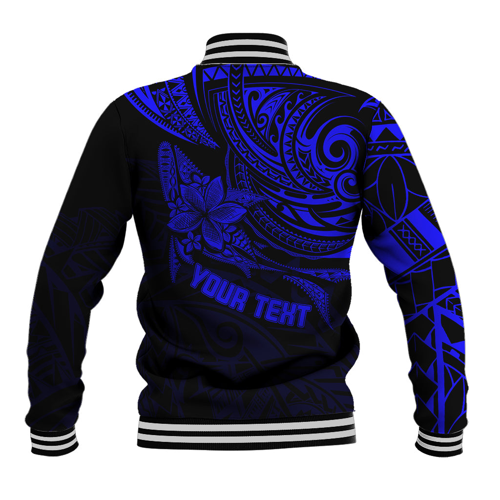 Blue Polynesian baseball jacket back with black stripes, ribbed cuffs, and 'Your Text'