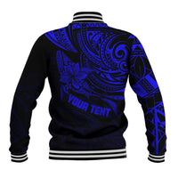 Blue Polynesian baseball jacket back with black stripes, ribbed cuffs, and 'Your Text'