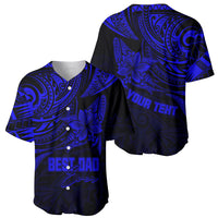 Blue Polynesian baseball jersey front and back with 'BEST DAD' and 'YOUR TEXT' prints