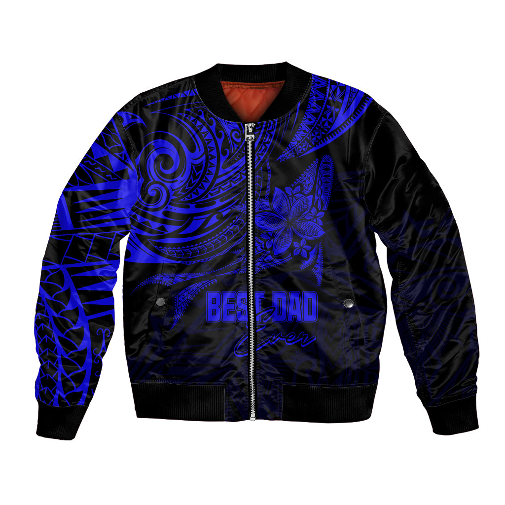 Blue/black bomber jacket with Polynesian pattern and 'BEST DAD' text