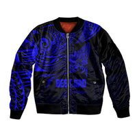 Blue/black bomber jacket with Polynesian pattern and 'BEST DAD' text