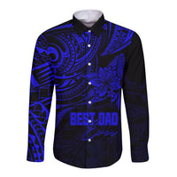 Blue polynesian long-sleeve button shirt with 'BEST DAD' front graphic