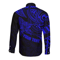 Blue polynesian long-sleeve button shirt, back graphic 'YOUR TEXT'