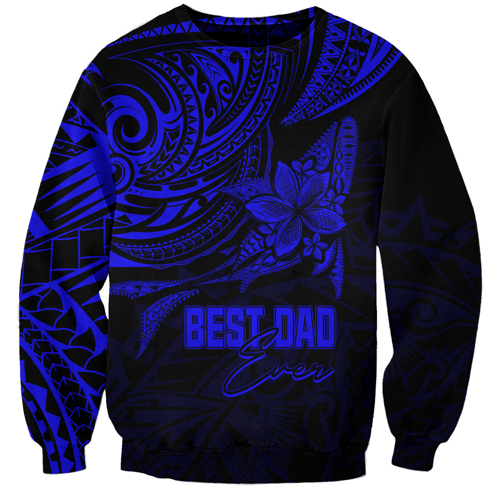 Blue crewneck sweatshirt with Polynesian-style tribal print and 'BEST DAD' graphic