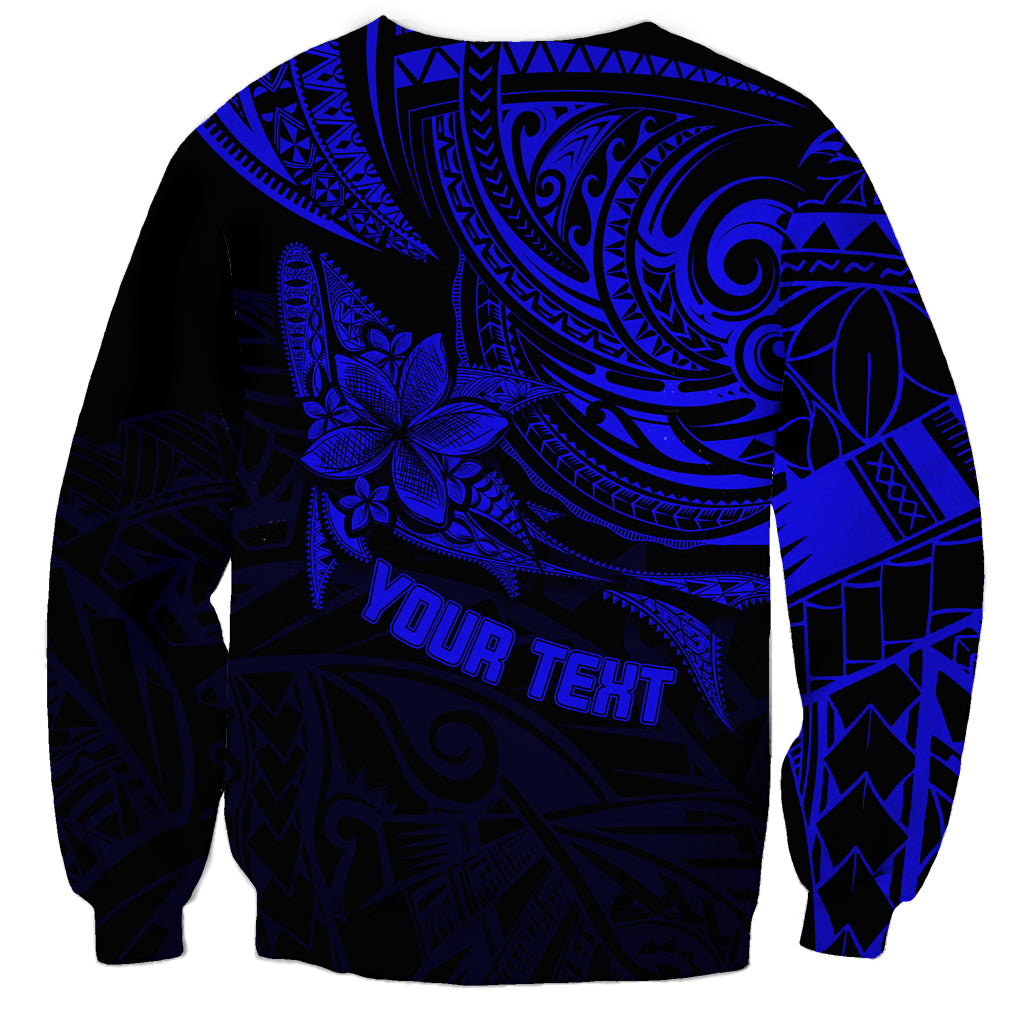 Blue crewneck sweatshirt with Polynesian tribal print and 'YOUR TEXT' graphic