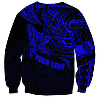 Blue crewneck sweatshirt with Polynesian tribal print and 'YOUR TEXT' graphic