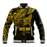 Black and gold polynesian baseball jacket with striped collar, button front, BEST DAD text