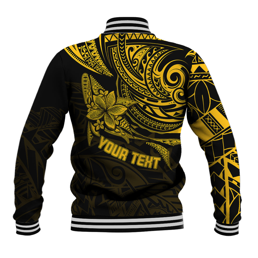 Black and gold polynesian baseball jacket with striped ribbed hem and YOUR TEXT on back