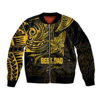 Polynesian bomber jacket, black with gold pattern; zip front; 'Best Dad' and 'Ever' print