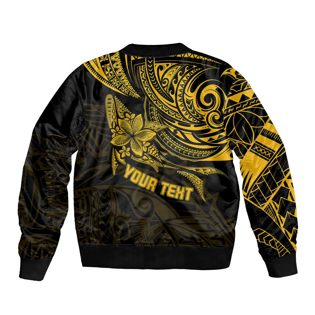 Polynesian bomber jacket, black with gold back pattern; ribbed hem; 'Your Text' print