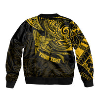 Polynesian bomber jacket, black with gold back pattern; ribbed hem; 'Your Text' print
