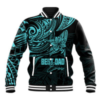 Turquoise and black Polynesian baseball jacket with ribbed collar, striped cuffs, and “Best Dad” graphic
