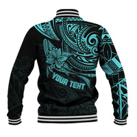 Back view of turquoise and black Polynesian baseball jacket with striped ribbed collar and large tribal print