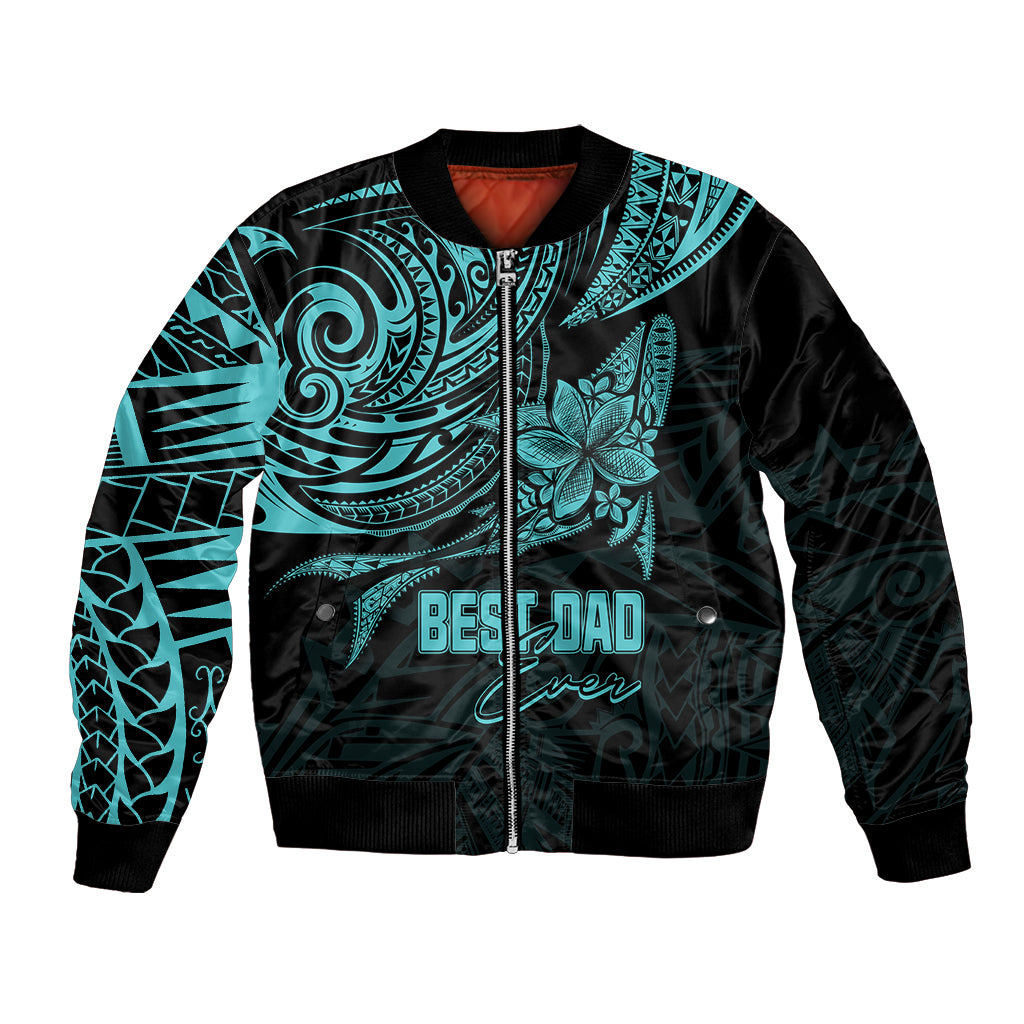 Turquoise and black polynesian bomber jacket with zipper and 'BEST DAD Ever' chest print