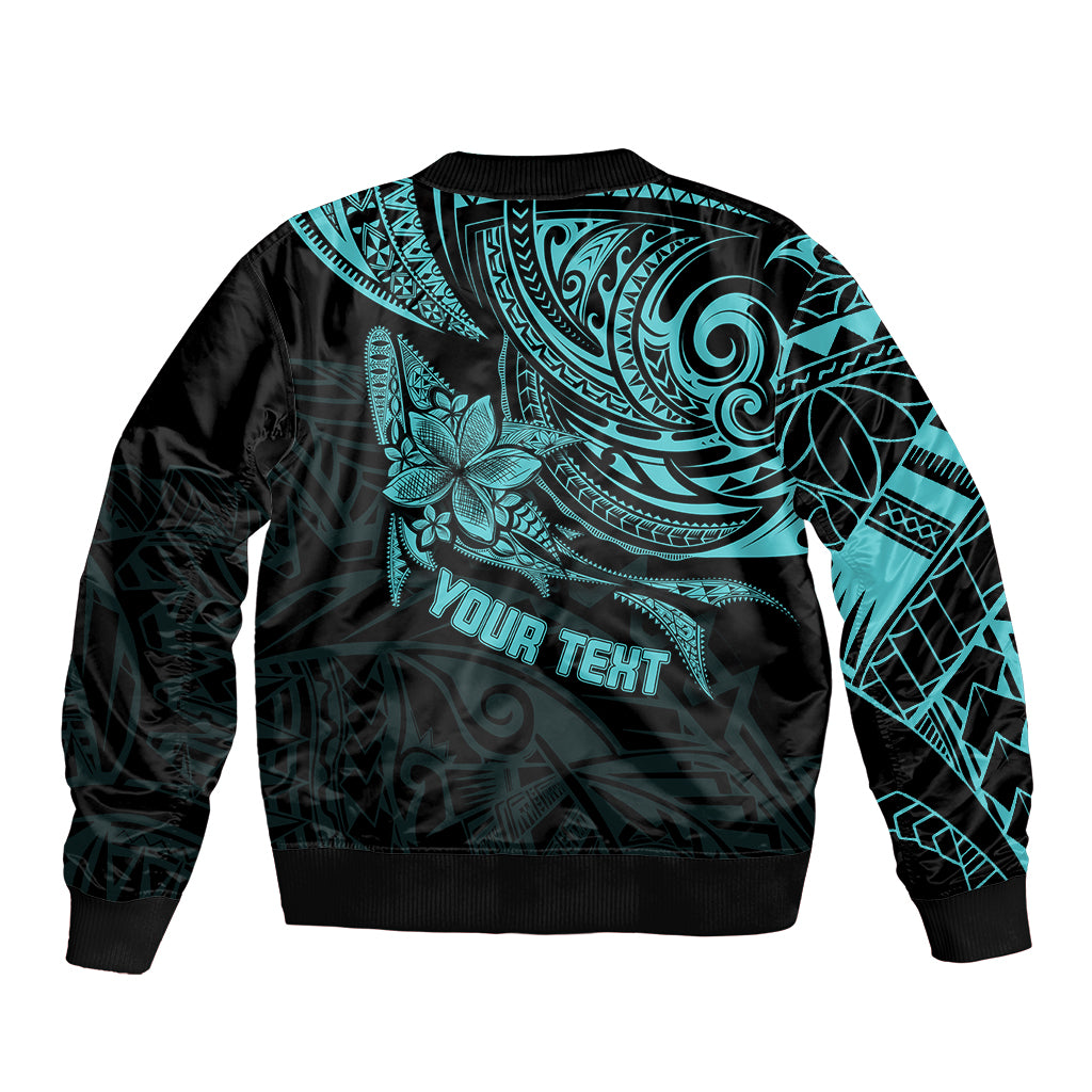 Turquoise and black polynesian bomber jacket back graphic with 'YOUR TEXT' lettering