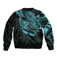 Turquoise and black polynesian bomber jacket back graphic with 'YOUR TEXT' lettering