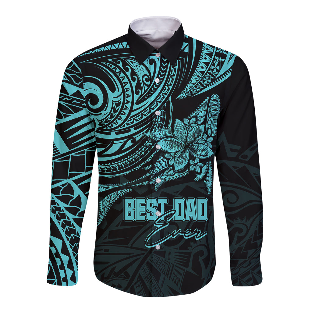 Unisex long-sleeve button shirt with black/turquoise Polynesian print, 'BEST DAD' text