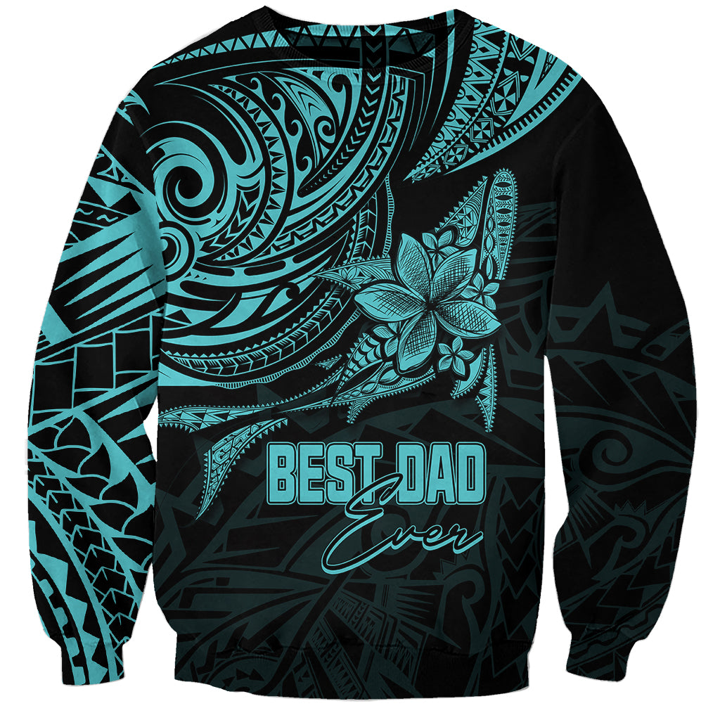 Turquoise and black polynesian sweatshirt with large "BEST DAD" graphic and floral print