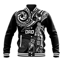 Black baseball jacket with white Polynesian-style graphic, striped collar cuffs, snap front