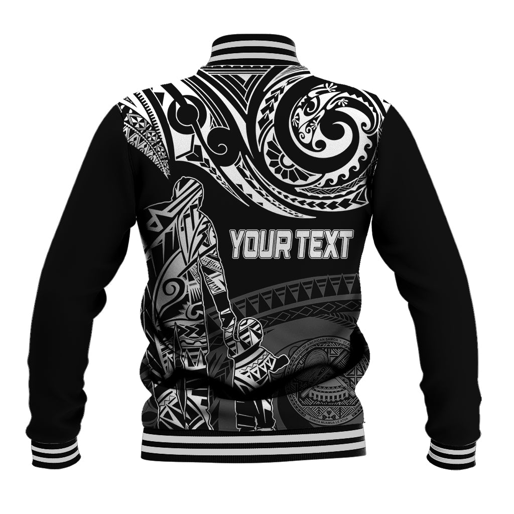Black baseball jacket back with white Polynesian-style graphic, striped collar cuffs, snap front