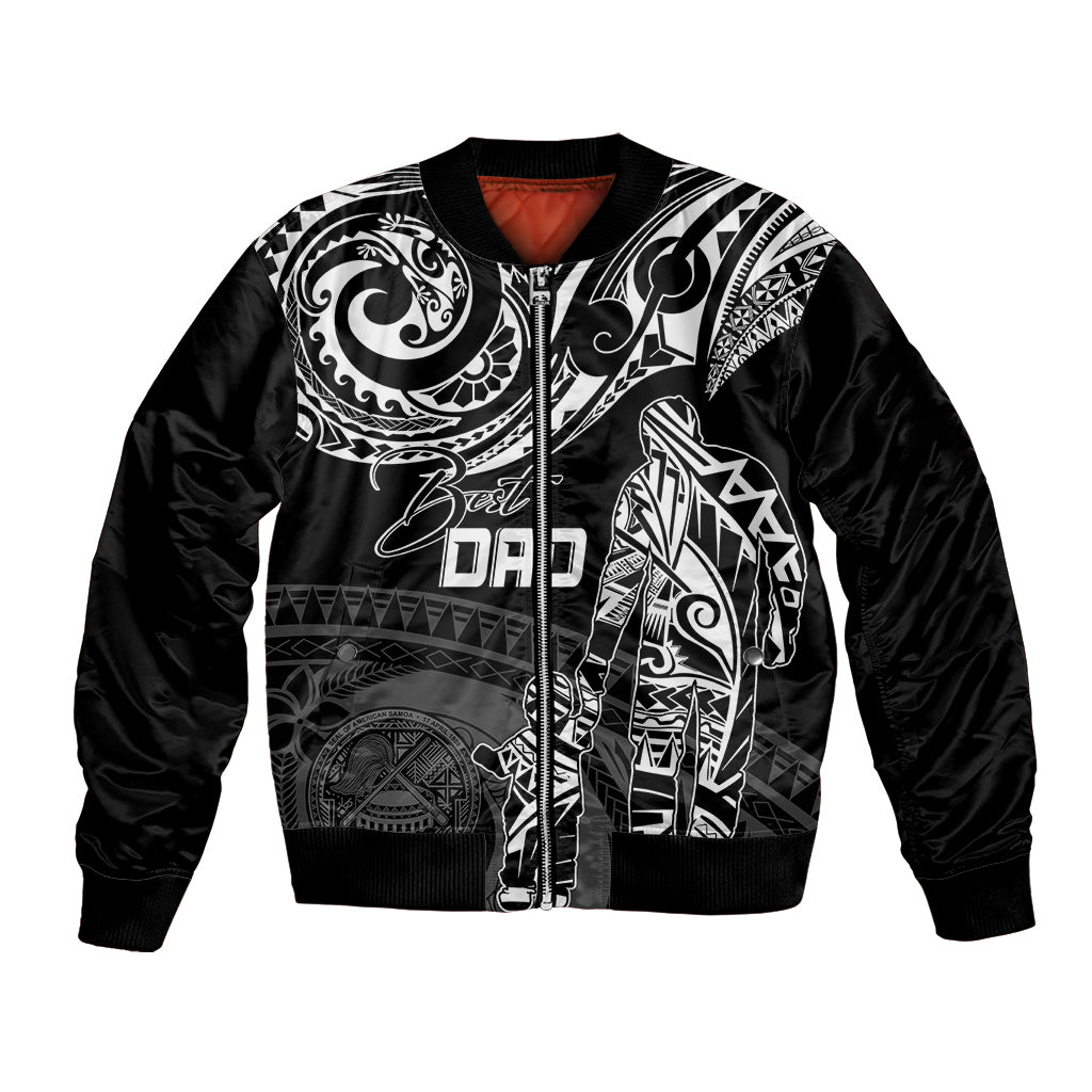Black unisex bomber jacket with Polynesian-style tribal print, ribbed collar and cuffs
