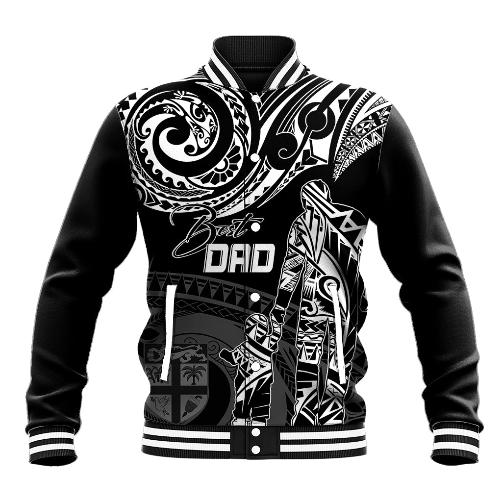 Black unisex baseball jacket with zipper, ribbed collar, and Polynesian tribal graphic 'Best Dad'